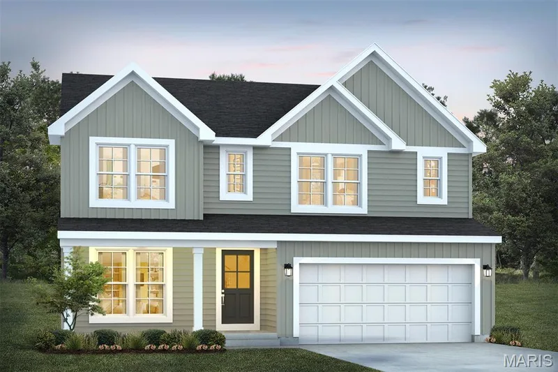 View of front of house with a shingled roof, concrete driveway, an attached garage, and board and batten siding — 1 TBB Barkley @ Kreder Farms, St Charles, MO 63304