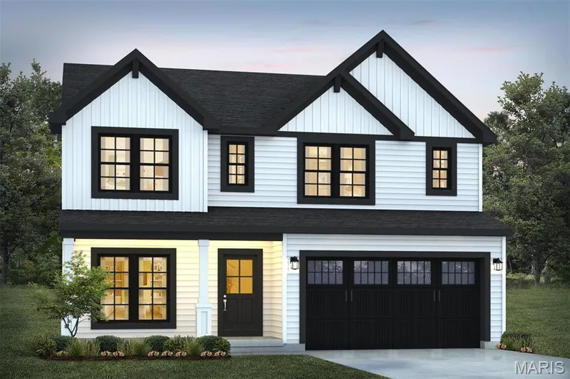 Modern farmhouse featuring a shingled roof, concrete driveway, a garage, and board and batten siding — 1 TBB Barkley @ Kreder Farms, St Charles, MO 63304