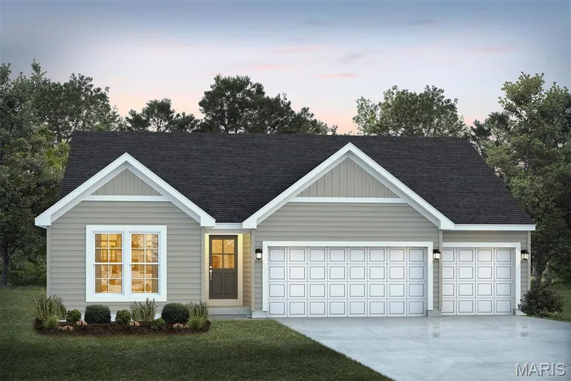 Ranch-style house featuring driveway, a shingled roof, an attached garage, and a lawn — 1 TBB Westbrook @ Kreder Farms, St Charles, MO 63304