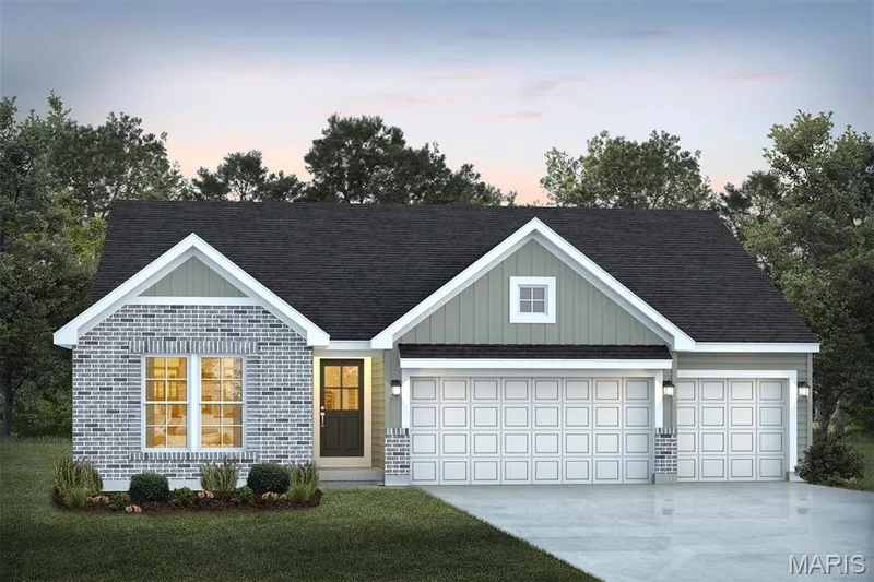 Single story home with concrete driveway, board and batten siding, a garage, brick siding, and roof with shingles — 1 TBB Westbrook @ Kreder Farms, St Charles, MO 63304