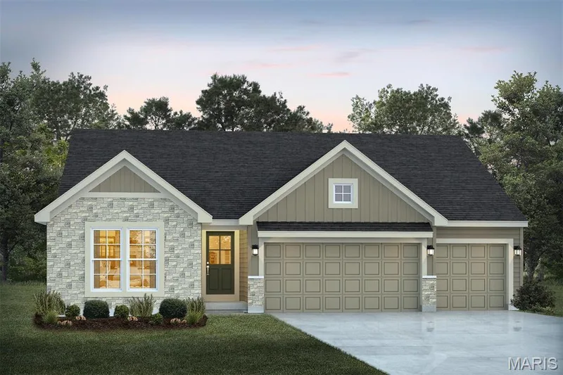 View of front of property with stone siding, driveway, board and batten siding, roof with shingles, and an attached garage — 1 TBB Westbrook @ Kreder Farms, St Charles, MO 63304