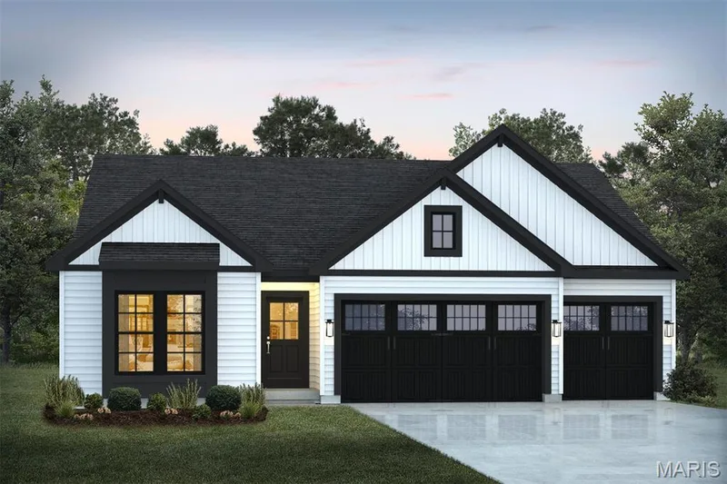 Modern farmhouse featuring concrete driveway, a garage, a shingled roof, and a yard — 1 TBB Westbrook @ Kreder Farms, St Charles, MO 63304