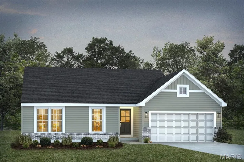 View of front of home with driveway, board and batten siding, roof with shingles, a front yard, and a garage — 1 TBB Rockport @ Kreder Farms, St Charles, MO 63304