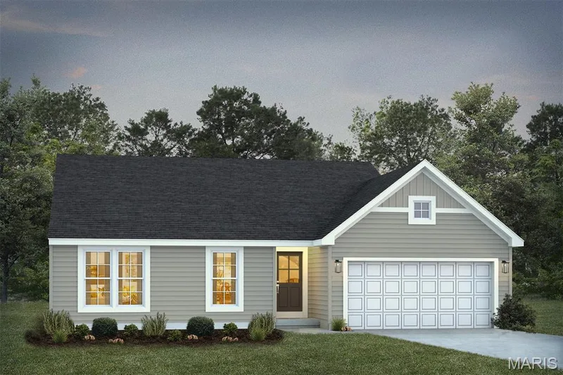 View of front of house with driveway, board and batten siding, roof with shingles, a front lawn, and an attached garage — 1 TBB Rockport @ Kreder Farms, St Charles, MO 63304