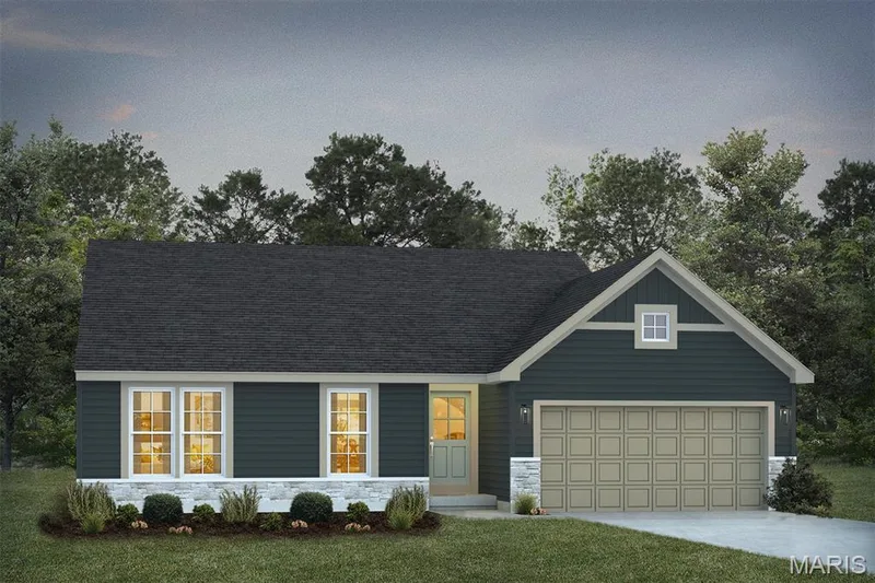 View of front facade featuring stone siding, driveway, a shingled roof, and a front yard — 1 TBB Rockport @ Kreder Farms, St Charles, MO 63304