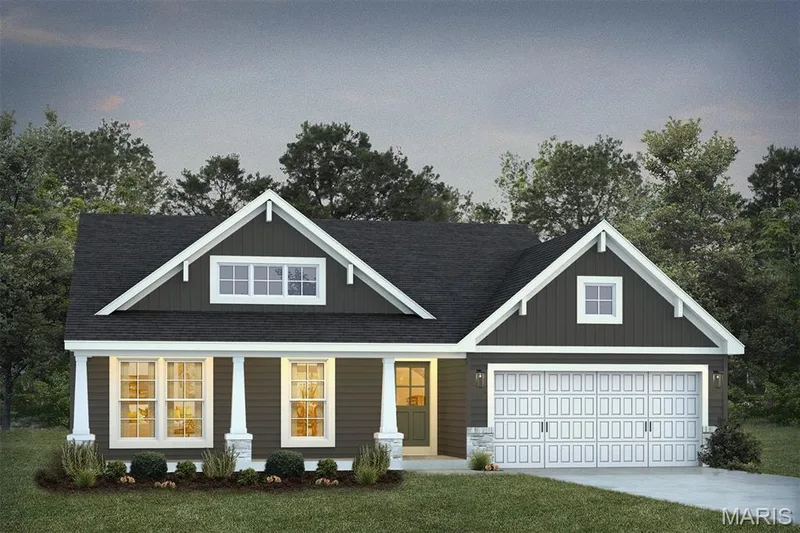 Craftsman house with roof with shingles, a porch, driveway, a front lawn, and board and batten siding — 1 TBB Rockport @ Kreder Farms, St Charles, MO 63304