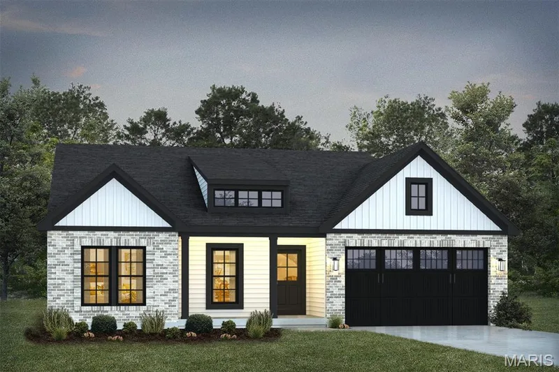 Modern farmhouse featuring driveway, board and batten siding, a front yard, and an attached garage — 1 TBB Rockport @ Kreder Farms, St Charles, MO 63304