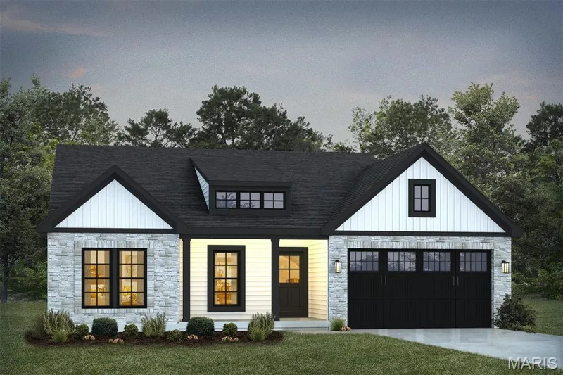 Modern farmhouse style home featuring stone siding, concrete driveway, board and batten siding, and a front lawn — 1 TBB Rockport @ Kreder Farms, St Charles, MO 63304