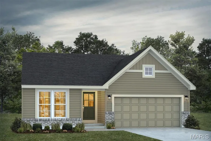 View of front facade featuring board and batten siding, driveway, and roof with shingles — 1 TBB Savoy @ Kreder Farms, St Charles, MO 63304