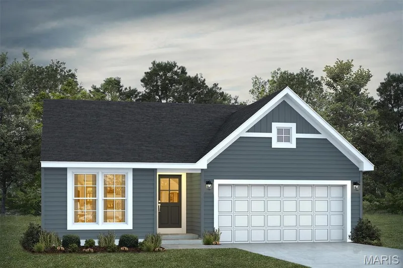 View of front of property with board and batten siding, driveway, a front yard, and roof with shingles — 1 TBB Savoy @ Kreder Farms, St Charles, MO 63304