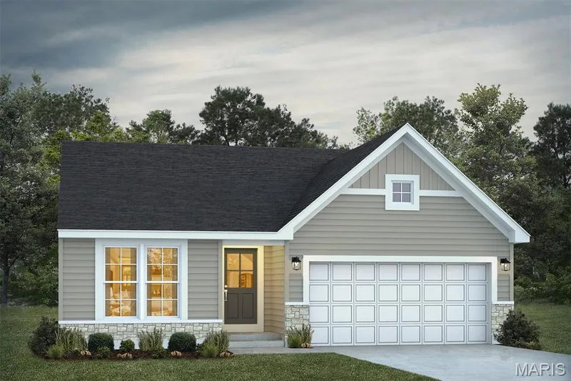 View of front of house featuring stone siding, board and batten siding, driveway, and roof with shingles — 1 TBB Savoy @ Kreder Farms, St Charles, MO 63304