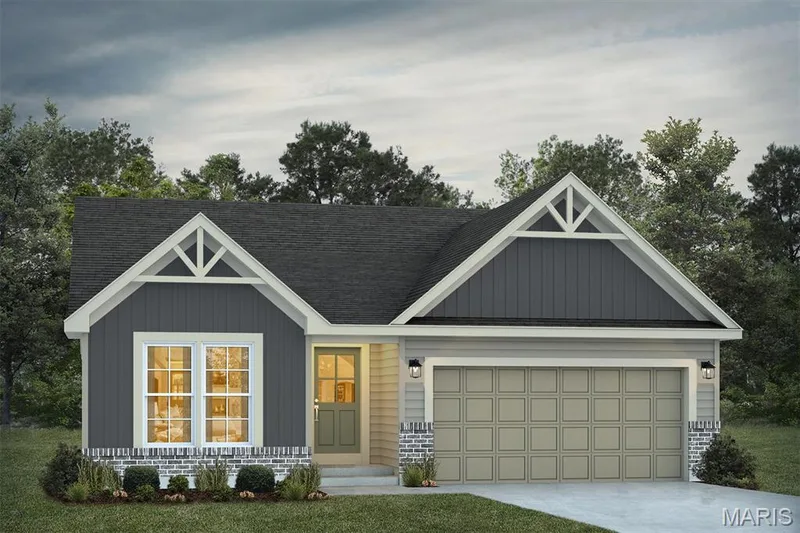 View of front of house featuring concrete driveway, board and batten siding, a garage, and roof with shingles — 1 TBB Savoy @ Kreder Farms, St Charles, MO 63304