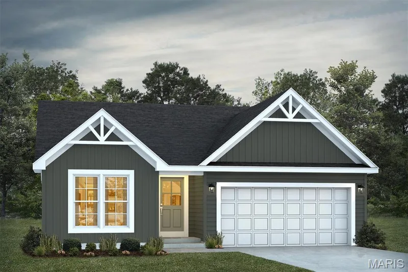 View of front of house with concrete driveway, an attached garage, board and batten siding, and roof with shingles — 1 TBB Savoy @ Kreder Farms, St Charles, MO 63304