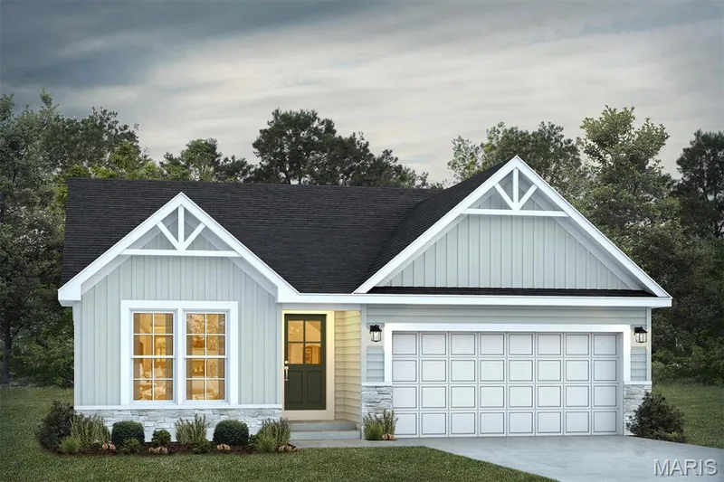 View of front of property featuring stone siding, board and batten siding, driveway, and a shingled roof — 1 TBB Savoy @ Kreder Farms, St Charles, MO 63304