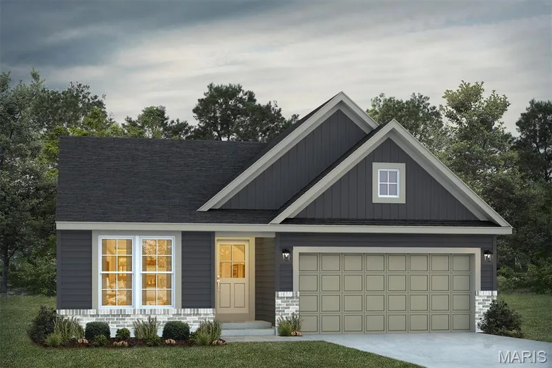 View of front facade featuring driveway, board and batten siding, a shingled roof, and a front yard — 1 TBB Savoy @ Kreder Farms, St Charles, MO 63304