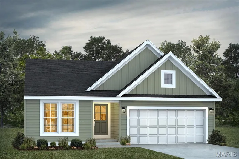 View of front of house featuring board and batten siding, concrete driveway, a shingled roof, and a front yard — 1 TBB Savoy @ Kreder Farms, St Charles, MO 63304