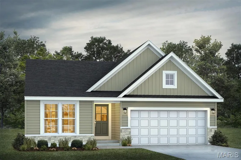 Craftsman-style home featuring stone siding, board and batten siding, concrete driveway, a garage, and a shingled roof — 1 TBB Savoy @ Kreder Farms, St Charles, MO 63304