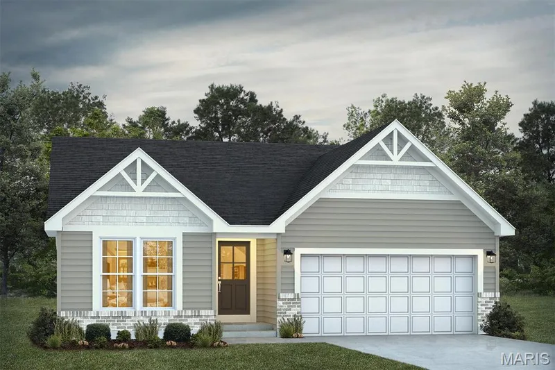 View of front of home with driveway, an attached garage, roof with shingles, and a front lawn — 1 TBB Savoy @ Kreder Farms, St Charles, MO 63304