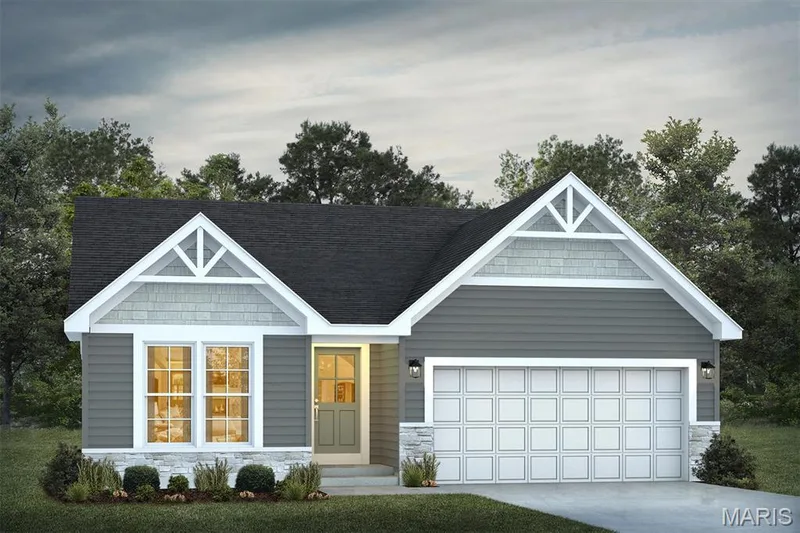 View of front of property featuring stone siding, driveway, an attached garage, and roof with shingles — 1 TBB Savoy @ Kreder Farms, St Charles, MO 63304