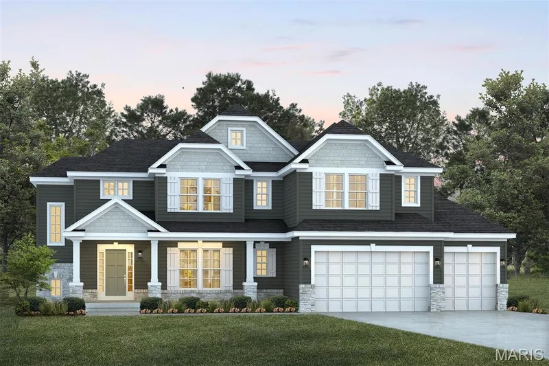 Craftsman-style home featuring stone siding, a porch, driveway, an attached garage, and a front lawn — 1 TBB Kingston @ Kreder Farms, St Charles, MO 63304