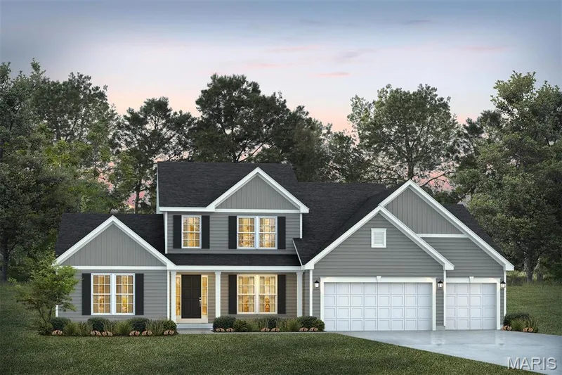 Traditional-style house featuring a porch, concrete driveway, roof with shingles, a front yard, and a garage — 1 TBB Bridgeport @ Kreder Farms, St Charles, MO 63304