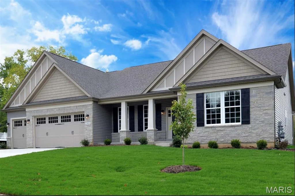 Craftsman house with stone siding, covered porch, a front lawn, and roof with shingles — 1 TBB Monaco @ Kreder Farms, St Charles, MO 63304