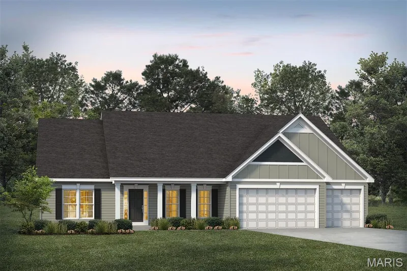View of front of property with board and batten siding, driveway, a porch, a yard, and an attached garage — 1 TBB Monaco @ Kreder Farms, St Charles, MO 63304
