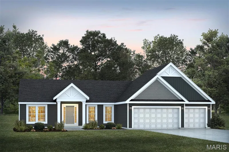 View of front of house featuring a yard, concrete driveway, an attached garage, roof with shingles, and view of wooded area — 1 TBB Waverly @ Kreder Farms, St Charles, MO 63304