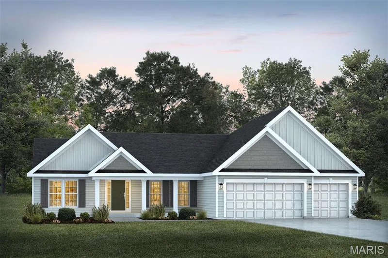 View of front of home featuring board and batten siding, covered porch, a garage, a yard, and driveway — 1 TBB Waverly @ Kreder Farms, St Charles, MO 63304