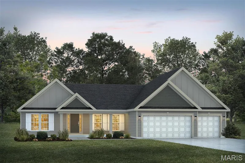 View of front of property with board and batten siding, a lawn, a garage, concrete driveway, and covered porch — 1 TBB Waverly @ Kreder Farms, St Charles, MO 63304