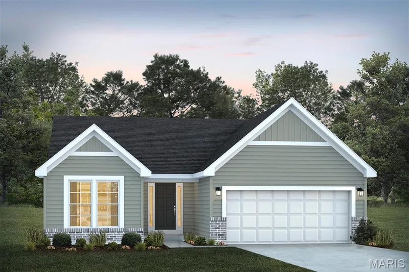 Ranch-style home featuring concrete driveway, board and batten siding, an attached garage, roof with shingles, and a yard — 1 TBB Sydney @ Kreder Farms, St Charles, MO 63304