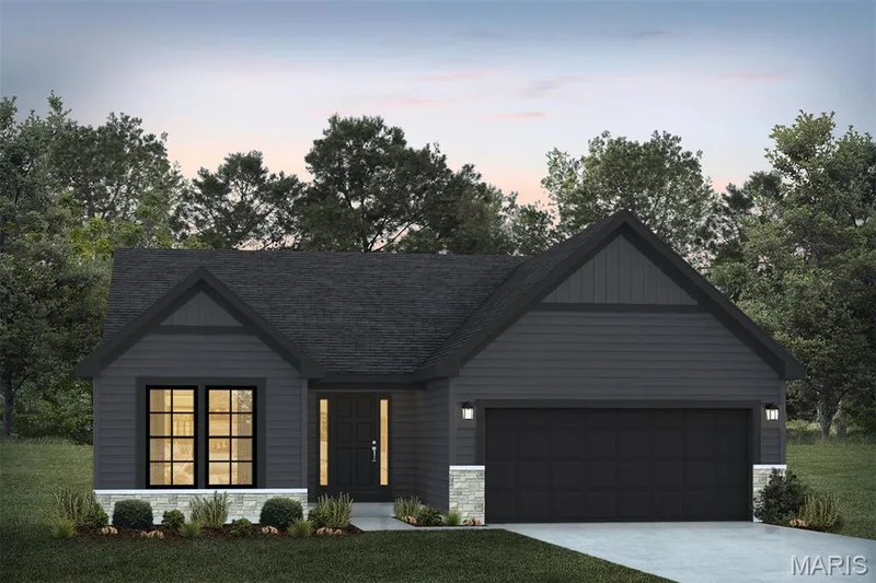 Modern inspired farmhouse with stone siding, driveway, an attached garage, a front yard, and roof with shingles — 1 TBB Sydney @ Kreder Farms, St Charles, MO 63304