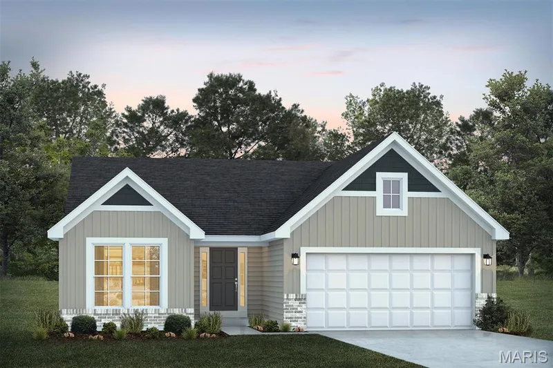 View of front facade with driveway, a shingled roof, a lawn, and board and batten siding — 1 TBB Sydney @ Kreder Farms, St Charles, MO 63304