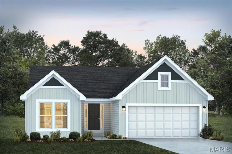 View of front of property with board and batten siding, concrete driveway, and roof with shingles — 1 TBB Sydney @ Kreder Farms, St Charles, MO 63304