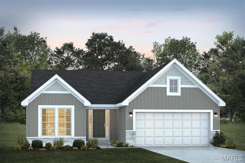View of front of property with driveway, a shingled roof, a yard, board and batten siding, and an attached garage — 1 TBB Sydney @ Kreder Farms, St Charles, MO 63304