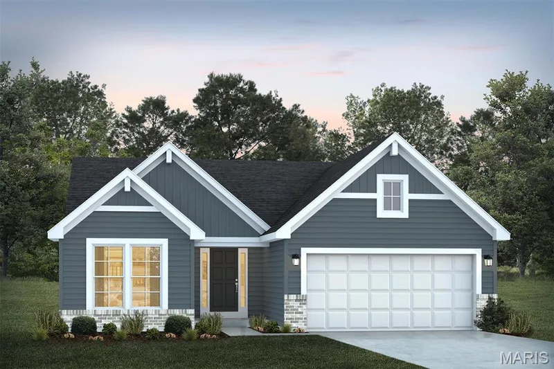 View of front of property featuring driveway, board and batten siding, a lawn, and a shingled roof — 1 TBB Sydney @ Kreder Farms, St Charles, MO 63304