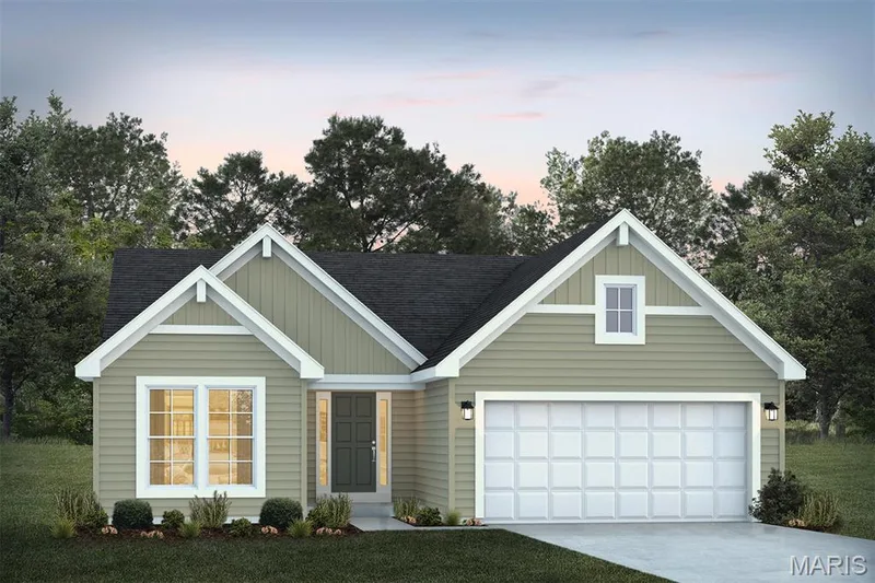 View of front facade featuring board and batten siding, driveway, a shingled roof, and a front yard — 1 TBB Sydney @ Kreder Farms, St Charles, MO 63304