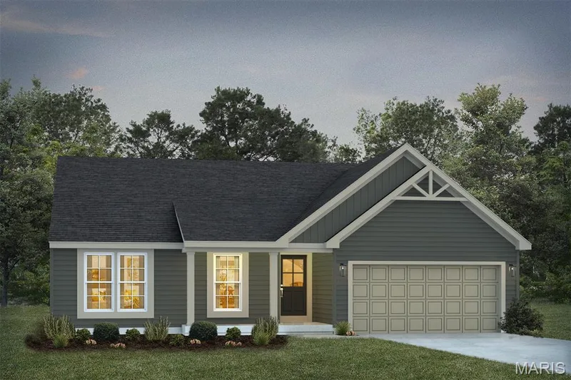 View of front of house featuring concrete driveway, roof with shingles, a front yard, and an attached garage — 1 TBB Rockport @ Creekside Sommers, O'Fallon, MO 63367