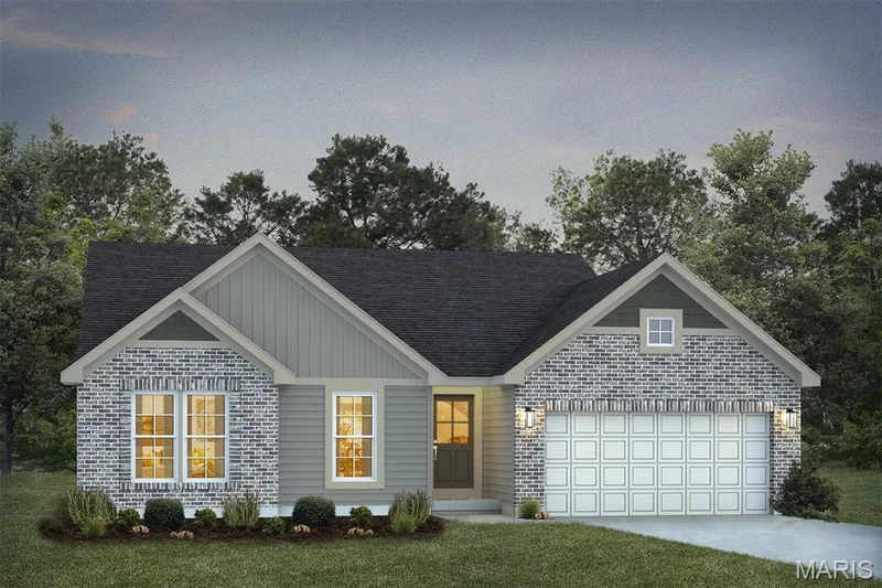 View of front facade with driveway, an attached garage, a front lawn, and board and batten siding — 1 TBB Rockport @ Creekside Sommers, O'Fallon, MO 63367