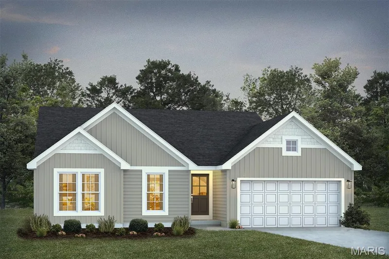 View of front of home with concrete driveway, roof with shingles, a front lawn, a garage, and board and batten siding — 1 TBB Rockport @ Creekside Sommers, O'Fallon, MO 63367