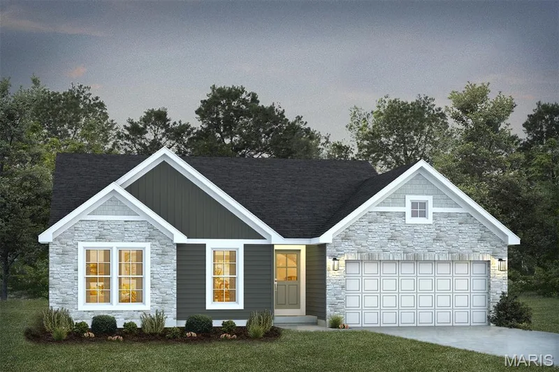 View of front facade featuring stone siding, driveway, board and batten siding, a front yard, and a garage — 1 TBB Rockport @ Creekside Sommers, O'Fallon, MO 63367