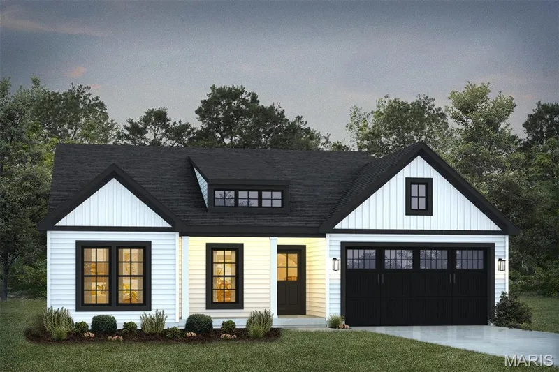 Modern farmhouse style home featuring concrete driveway, board and batten siding, a front lawn, and a shingled roof — 1 TBB Rockport @ Creekside Sommers, O'Fallon, MO 63367