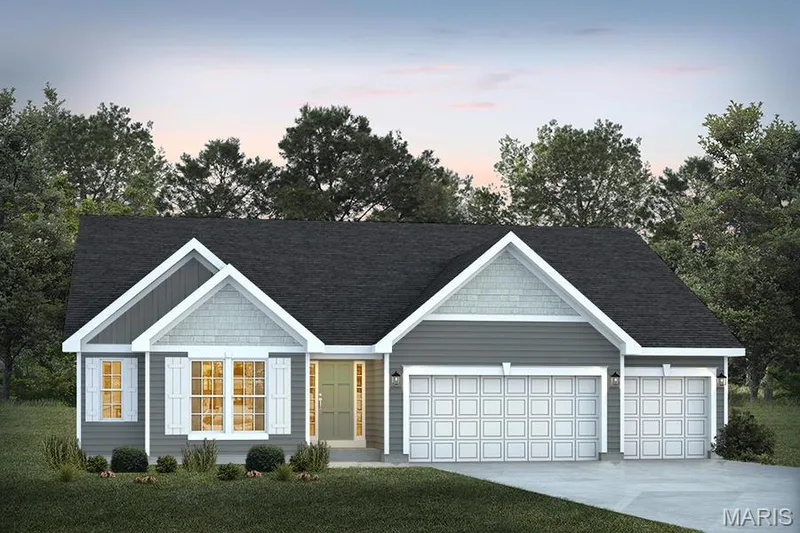 Ranch-style house with concrete driveway, a garage, a yard, and roof with shingles — 1 TBB Canterbury @ Creekside Sommers, O'Fallon, MO 63367