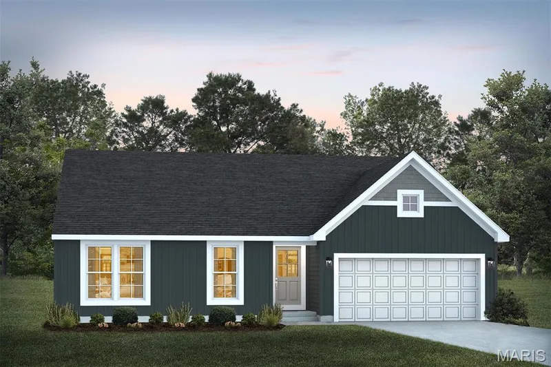 View of front of property featuring concrete driveway, roof with shingles, and a front yard — 1 TBB Rochester @ Creekside Sommers, O'Fallon, MO 63367