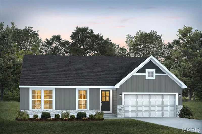 View of front facade featuring stone siding, driveway, and roof with shingles — 1 TBB Rochester @ Creekside Sommers, O'Fallon, MO 63367