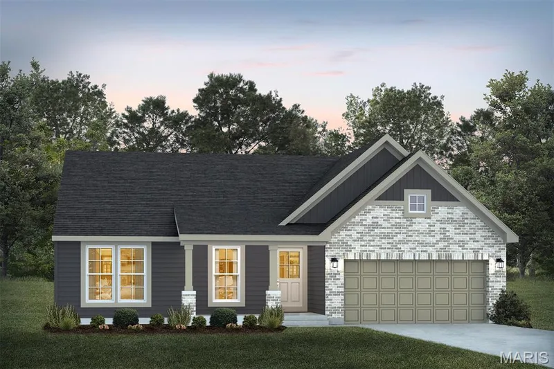 Craftsman-style home with concrete driveway, a front lawn, a shingled roof, and board and batten siding — 1 TBB Rochester @ Creekside Sommers, O'Fallon, MO 63367