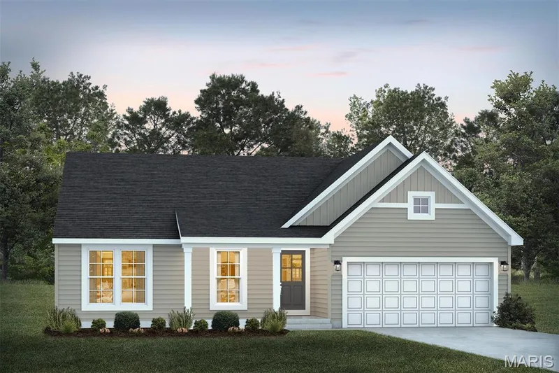 View of front of property with board and batten siding, concrete driveway, roof with shingles, and a yard — 1 TBB Rochester @ Creekside Sommers, O'Fallon, MO 63367
