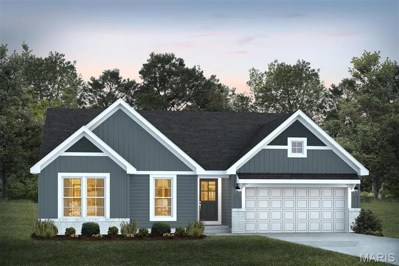 View of front facade featuring concrete driveway, a front lawn, a garage, and a shingled roof — 1 TBB Rochester @ Creekside Sommers, O'Fallon, MO 63367