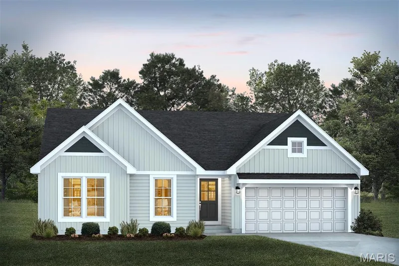 View of front of house with board and batten siding, concrete driveway, a shingled roof, and a lawn — 1 TBB Rochester @ Creekside Sommers, O'Fallon, MO 63367