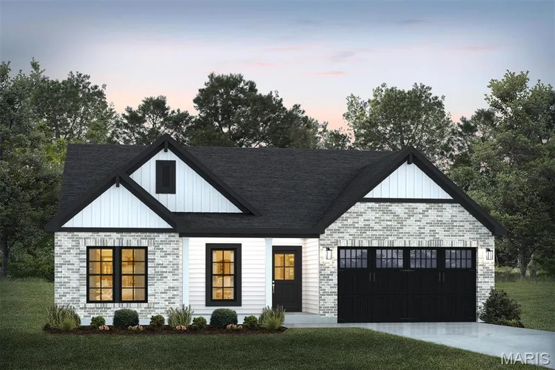 Modern inspired farmhouse featuring board and batten siding, concrete driveway, and an attached garage — 1 TBB Rochester @ Creekside Sommers, O'Fallon, MO 63367